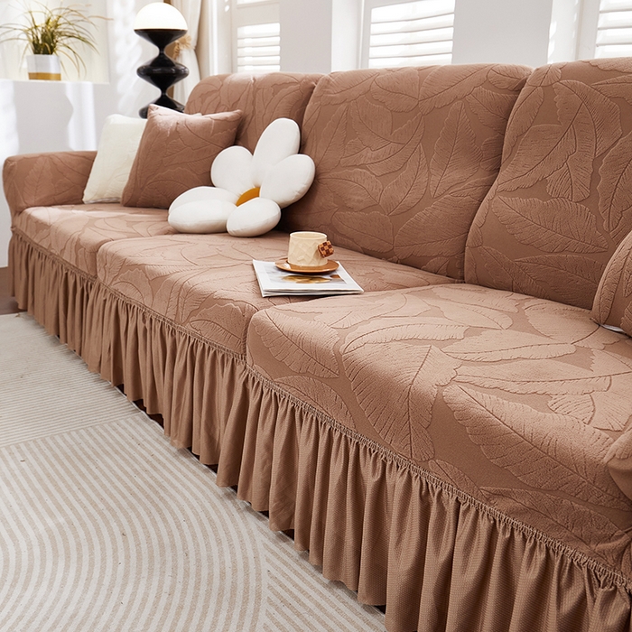 91家纺网 家纺一手货源 找家纺 丝绮鹿 2025新款富贵叶系列-沙发套裙边款 时尚咖