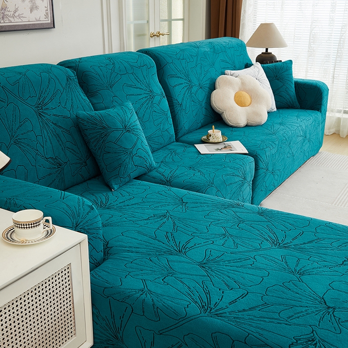 91家纺网 家纺一手货源 找家纺 丝绮鹿 2025新款银杏叶系列-沙发套松紧款（贵妃图） 黛蓝