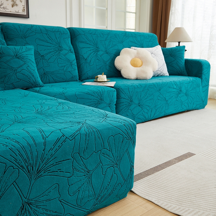 91家纺网 家纺一手货源 找家纺 丝绮鹿 2025新款银杏叶系列-沙发套松紧款（贵妃图） 黛蓝