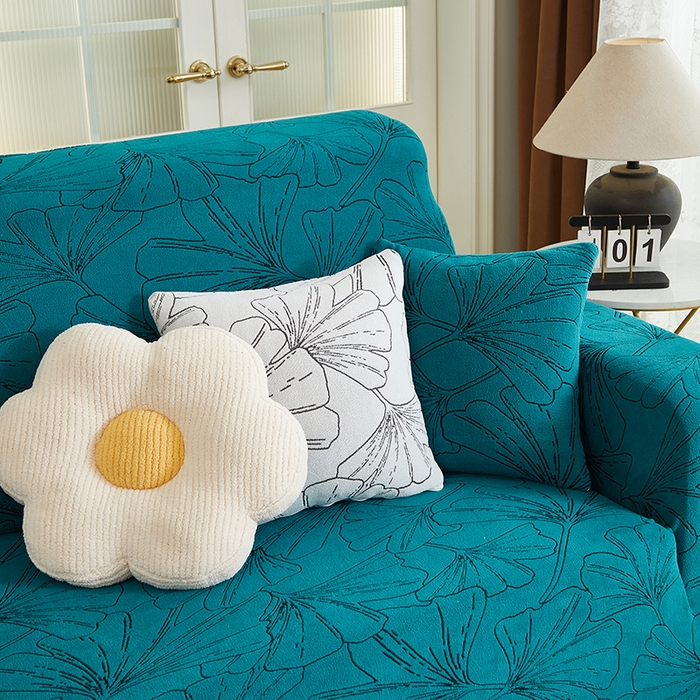 91家纺网 家纺一手货源 找家纺 丝绮鹿 2025新款银杏叶系列-沙发套松紧款（贵妃图） 黛蓝