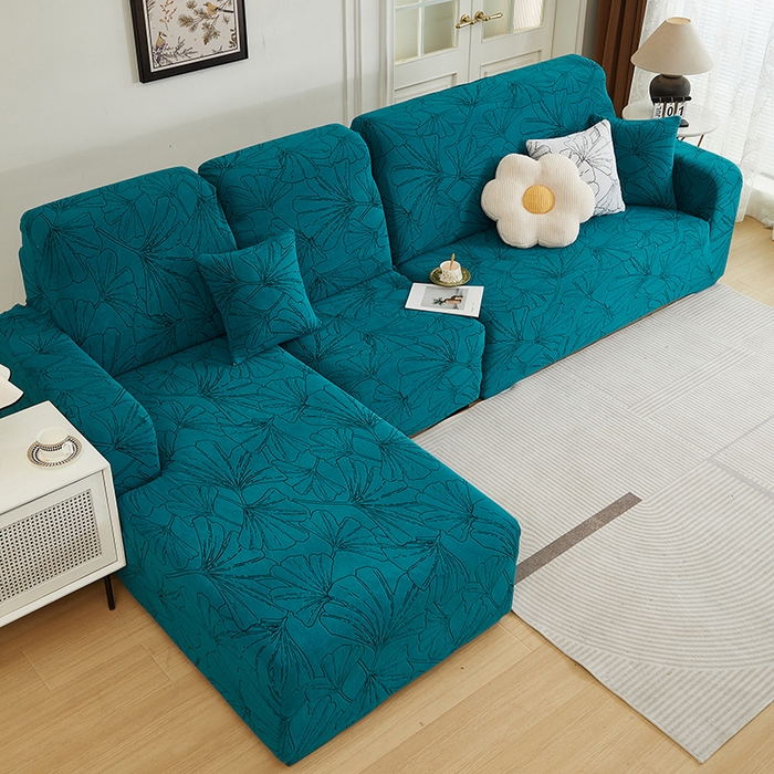 91家纺网 家纺一手货源 找家纺 丝绮鹿 2025新款银杏叶系列-沙发套松紧款（贵妃图） 黛蓝