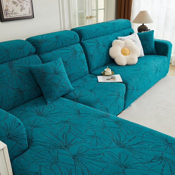 91家纺网 家纺一手货源 找家纺 丝绮鹿 2025新款银杏叶系列-沙发套松紧款（贵妃图） 黛蓝