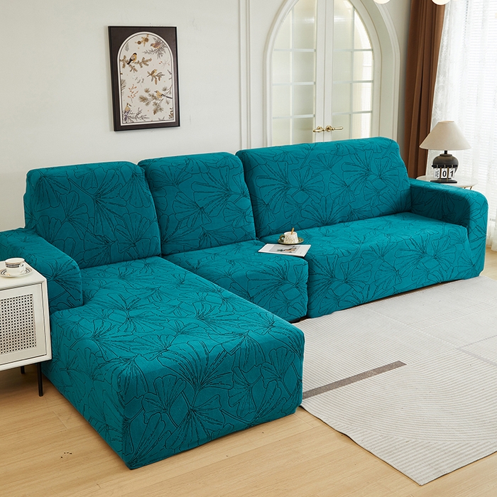 91家纺网 家纺一手货源 找家纺 丝绮鹿 2025新款银杏叶系列-沙发套松紧款（贵妃图） 黛蓝