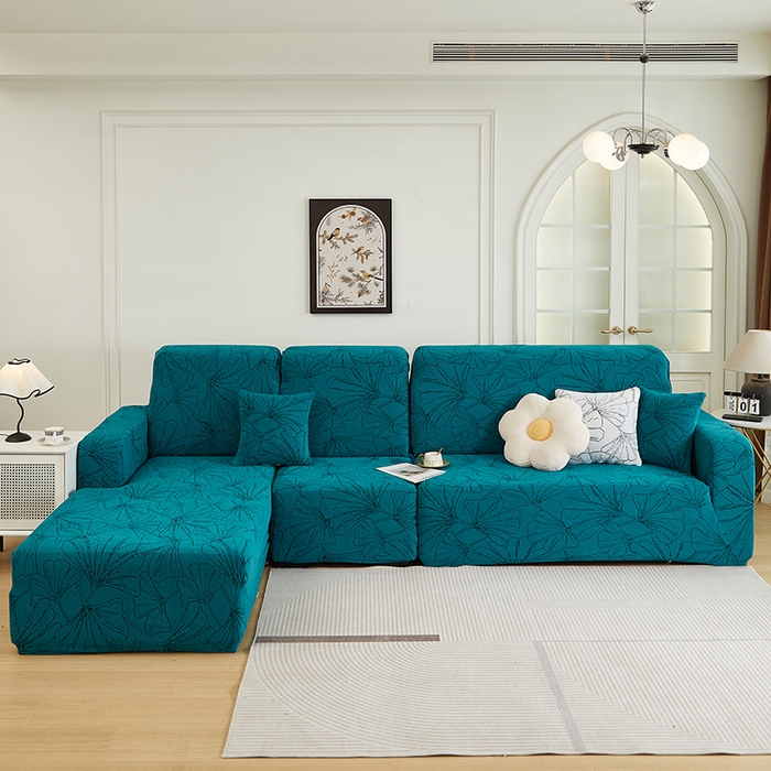 91家纺网 家纺一手货源 找家纺 丝绮鹿 2025新款银杏叶系列-沙发套松紧款（贵妃图） 黛蓝
