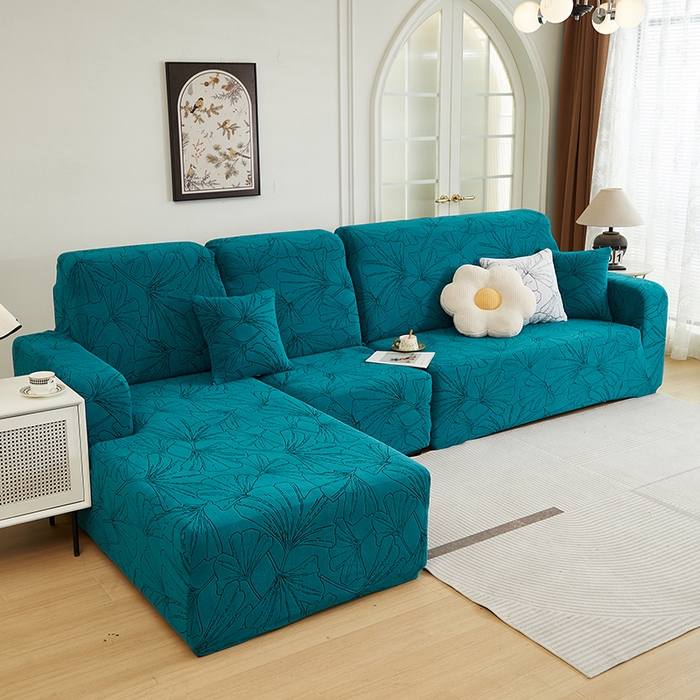 91家纺网 家纺一手货源 找家纺 丝绮鹿 2025新款银杏叶系列-沙发套松紧款（贵妃图） 黛蓝