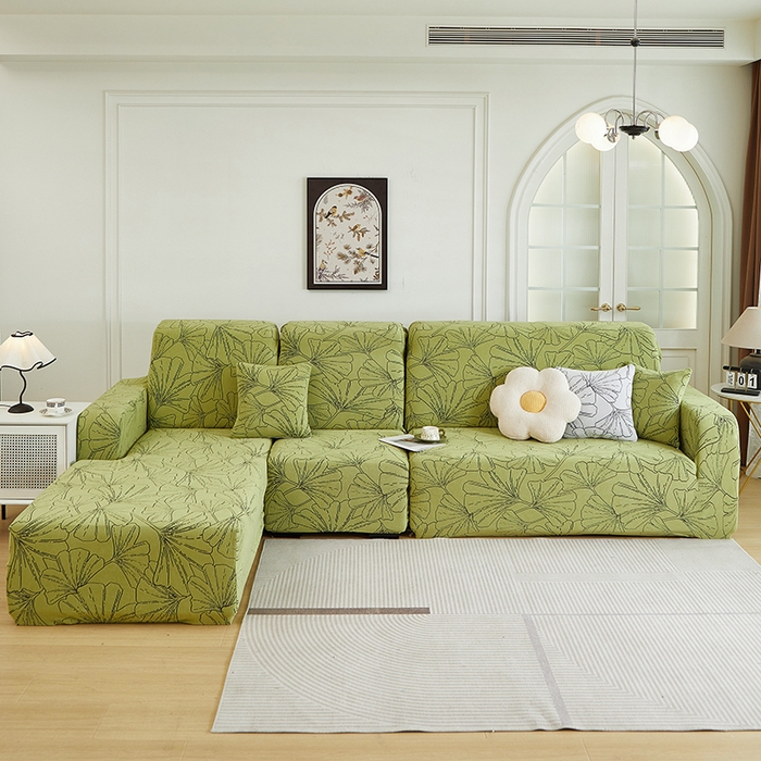 91家纺网 家纺一手货源 找家纺 丝绮鹿 2025新款银杏叶系列-沙发套松紧款（贵妃图） 橄榄绿