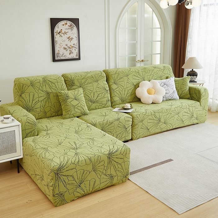 91家纺网 家纺一手货源 找家纺 丝绮鹿 2025新款银杏叶系列-沙发套松紧款（贵妃图） 橄榄绿