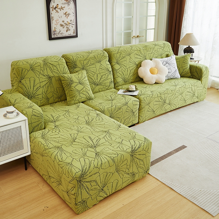 91家纺网 家纺一手货源 找家纺 丝绮鹿 2025新款银杏叶系列-沙发套松紧款（贵妃图） 橄榄绿