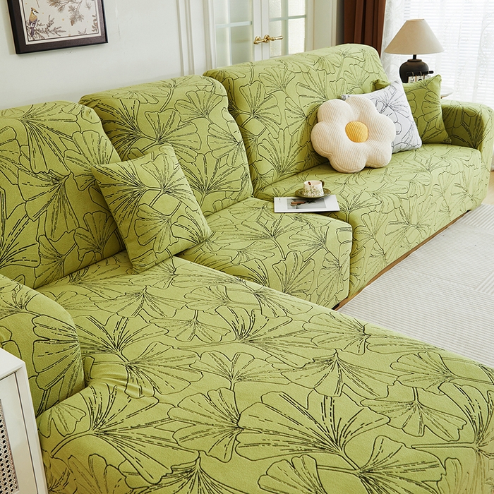 91家纺网 家纺一手货源 找家纺 丝绮鹿 2025新款银杏叶系列-沙发套松紧款（贵妃图） 橄榄绿