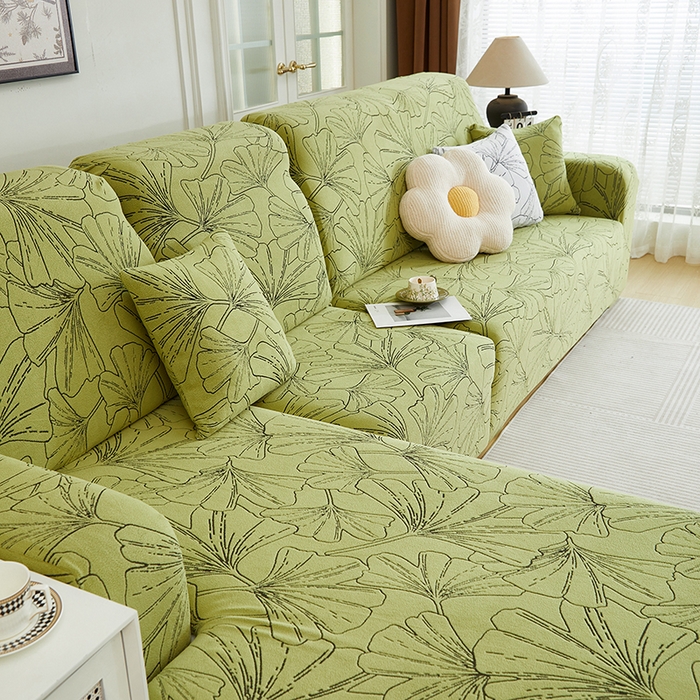 91家纺网 家纺一手货源 找家纺 丝绮鹿 2025新款银杏叶系列-沙发套松紧款（贵妃图） 橄榄绿