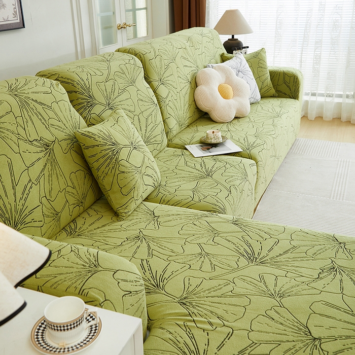 91家纺网 家纺一手货源 找家纺 丝绮鹿 2025新款银杏叶系列-沙发套松紧款（贵妃图） 橄榄绿