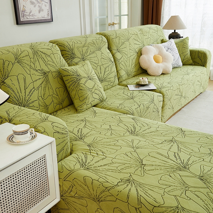 91家纺网 家纺一手货源 找家纺 丝绮鹿 2025新款银杏叶系列-沙发套松紧款（贵妃图） 橄榄绿