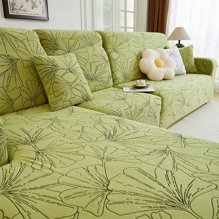 91家纺网 家纺一手货源 找家纺 丝绮鹿 2025新款银杏叶系列-沙发套松紧款（贵妃图） 橄榄绿
