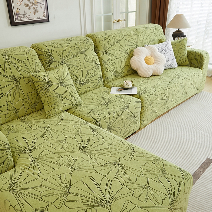 91家纺网 家纺一手货源 找家纺 丝绮鹿 2025新款银杏叶系列-沙发套松紧款（贵妃图） 橄榄绿