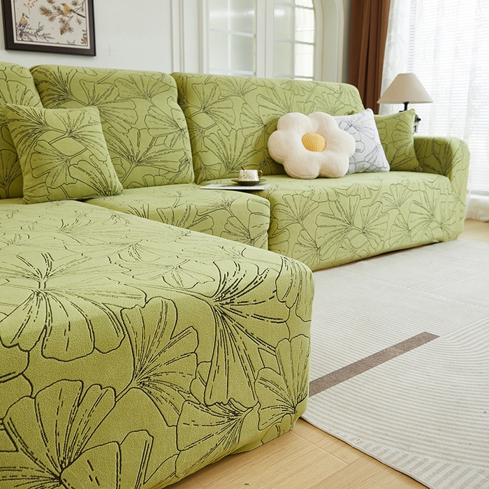 91家纺网 家纺一手货源 找家纺 丝绮鹿 2025新款银杏叶系列-沙发套松紧款（贵妃图） 橄榄绿