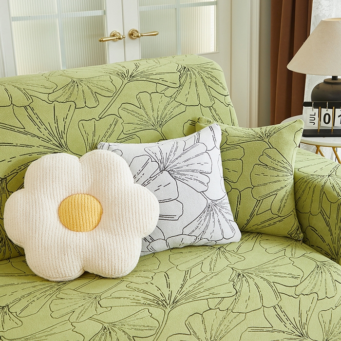 91家纺网 家纺一手货源 找家纺 丝绮鹿 2025新款银杏叶系列-沙发套松紧款（贵妃图） 橄榄绿