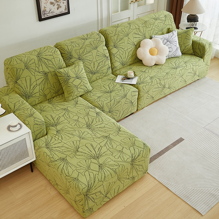 91家纺网 家纺一手货源 找家纺 丝绮鹿 2025新款银杏叶系列-沙发套松紧款（贵妃图） 橄榄绿