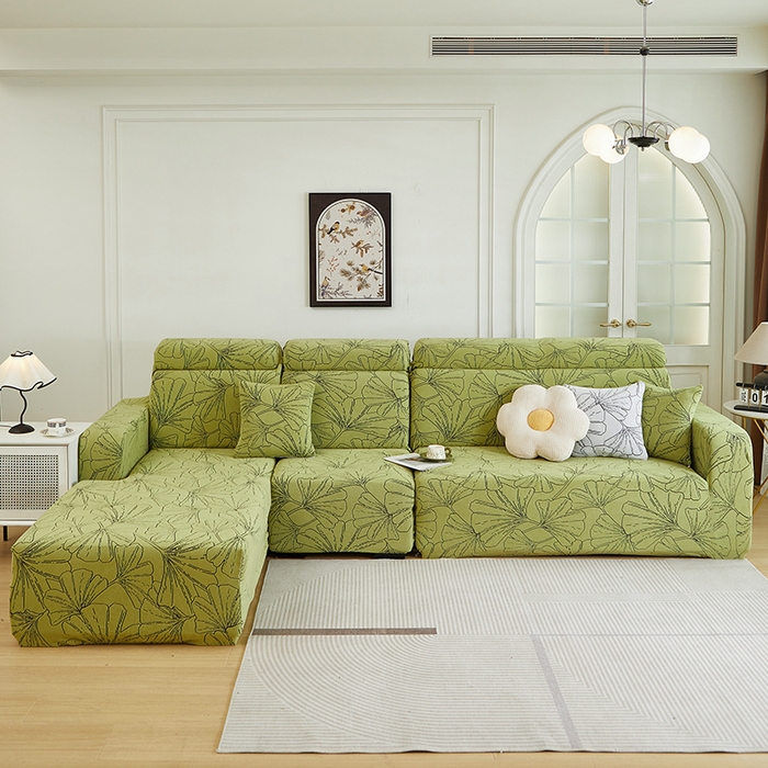 91家纺网 家纺一手货源 找家纺 丝绮鹿 2025新款银杏叶系列-沙发套松紧款（贵妃图） 橄榄绿