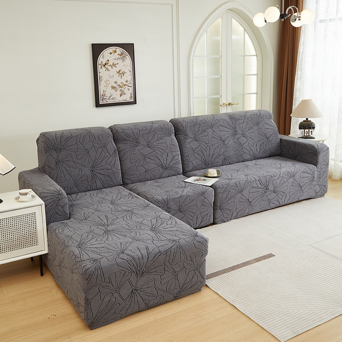 91家纺网 家纺一手货源 找家纺 丝绮鹿 2025新款银杏叶系列-沙发套松紧款（贵妃图） 绅士灰