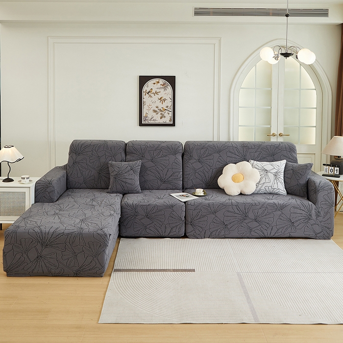 91家纺网 家纺一手货源 找家纺 丝绮鹿 2025新款银杏叶系列-沙发套松紧款（贵妃图） 绅士灰