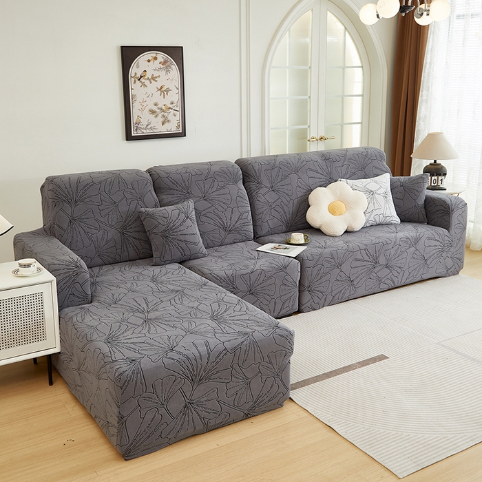 91家纺网 家纺一手货源 找家纺 丝绮鹿 2025新款银杏叶系列-沙发套松紧款（贵妃图） 绅士灰