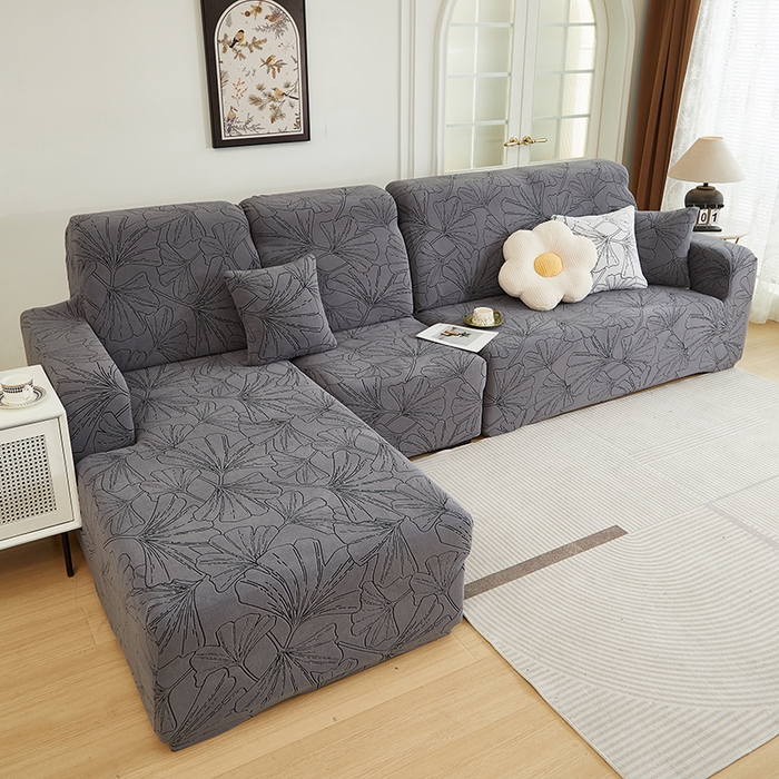91家纺网 家纺一手货源 找家纺 丝绮鹿 2025新款银杏叶系列-沙发套松紧款（贵妃图） 绅士灰