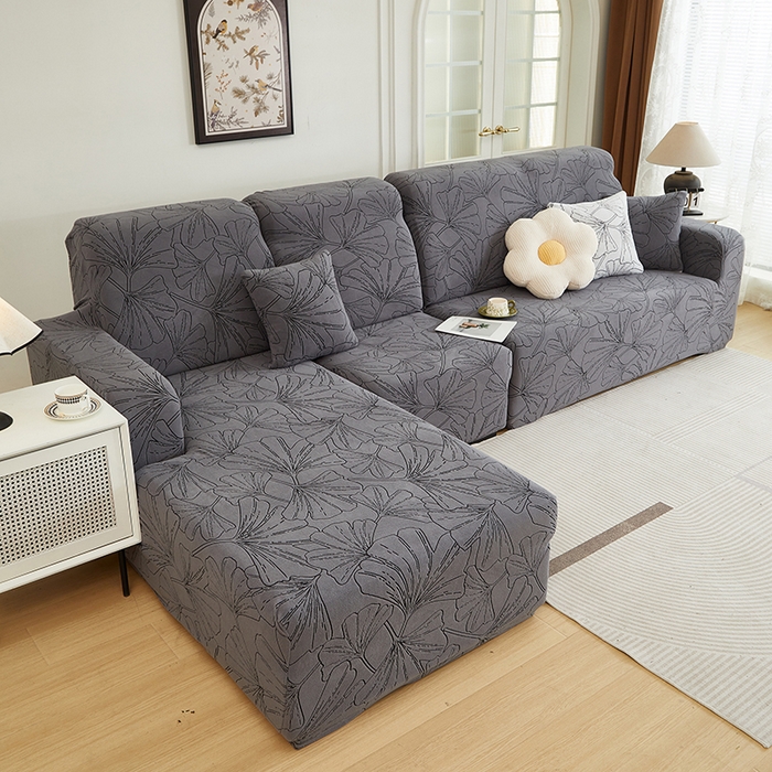 91家纺网 家纺一手货源 找家纺 丝绮鹿 2025新款银杏叶系列-沙发套松紧款（贵妃图） 绅士灰