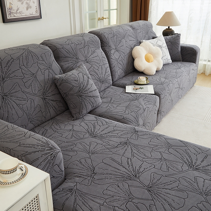 91家纺网 家纺一手货源 找家纺 丝绮鹿 2025新款银杏叶系列-沙发套松紧款（贵妃图） 绅士灰