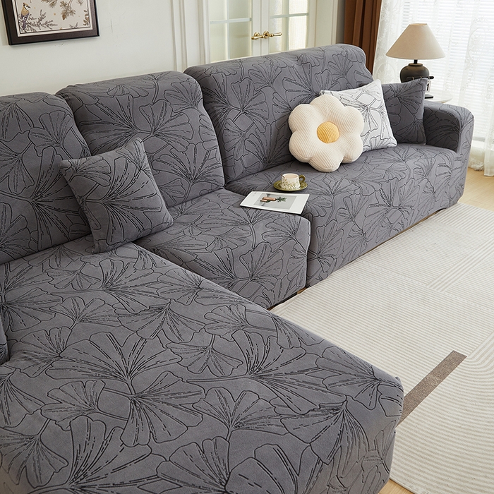 91家纺网 家纺一手货源 找家纺 丝绮鹿 2025新款银杏叶系列-沙发套松紧款（贵妃图） 绅士灰