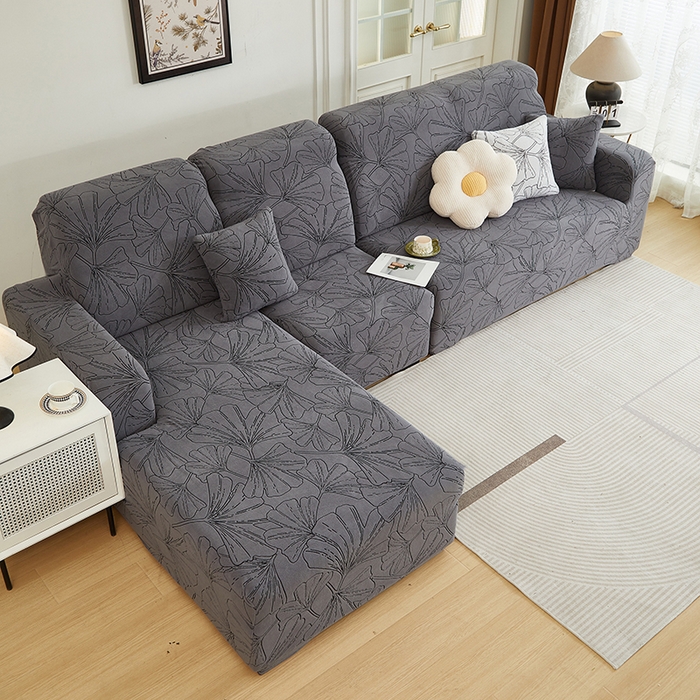 91家纺网 家纺一手货源 找家纺 丝绮鹿 2025新款银杏叶系列-沙发套松紧款（贵妃图） 绅士灰