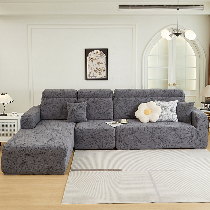 91家纺网 家纺一手货源 找家纺 丝绮鹿 2025新款银杏叶系列-沙发套松紧款（贵妃图） 绅士灰
