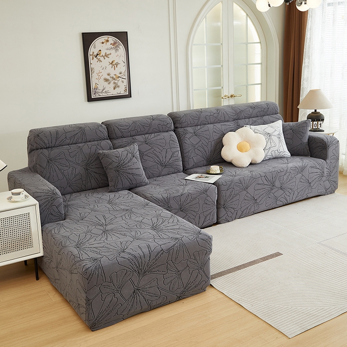 91家纺网 家纺一手货源 找家纺 丝绮鹿 2025新款银杏叶系列-沙发套松紧款（贵妃图） 绅士灰