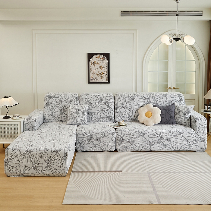 91家纺网 家纺一手货源 找家纺 丝绮鹿 2025新款银杏叶系列-沙发套松紧款（贵妃图） 象牙白