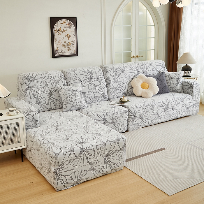 91家纺网 家纺一手货源 找家纺 丝绮鹿 2025新款银杏叶系列-沙发套松紧款（贵妃图） 象牙白