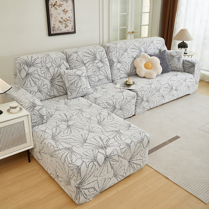 91家纺网 家纺一手货源 找家纺 丝绮鹿 2025新款银杏叶系列-沙发套松紧款（贵妃图） 象牙白