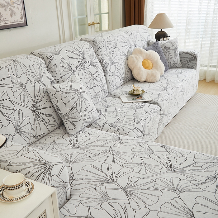 91家纺网 家纺一手货源 找家纺 丝绮鹿 2025新款银杏叶系列-沙发套松紧款（贵妃图） 象牙白
