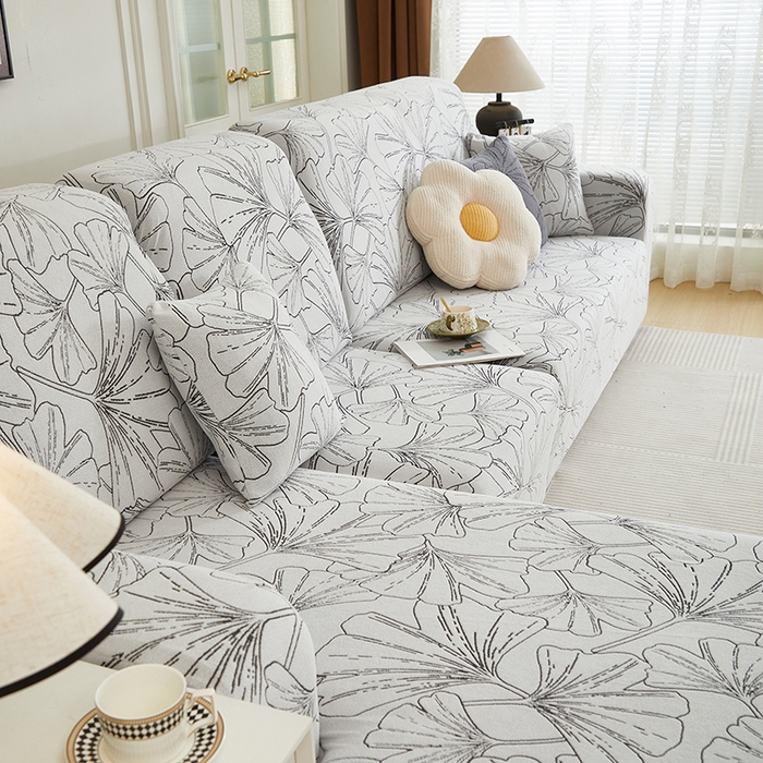 91家纺网 家纺一手货源 找家纺 丝绮鹿 2025新款银杏叶系列-沙发套松紧款（贵妃图） 象牙白