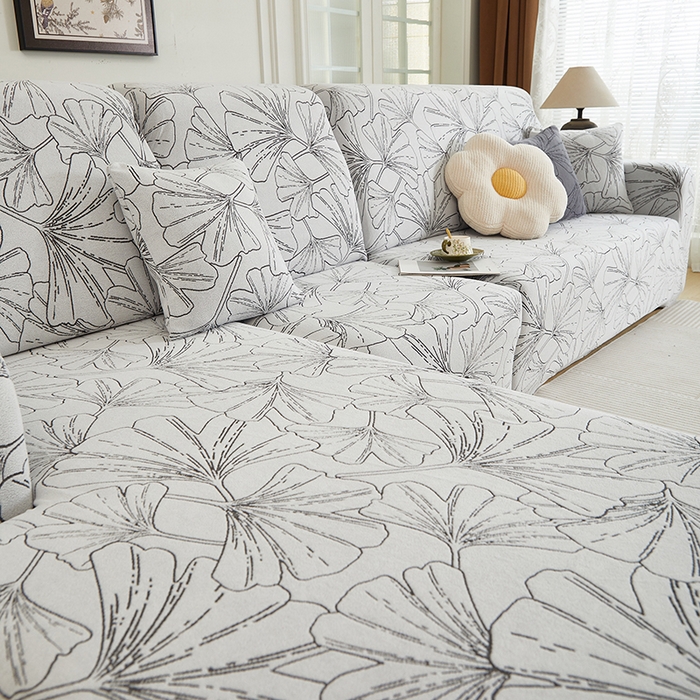 91家纺网 家纺一手货源 找家纺 丝绮鹿 2025新款银杏叶系列-沙发套松紧款（贵妃图） 象牙白