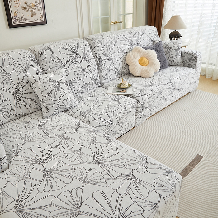 91家纺网 家纺一手货源 找家纺 丝绮鹿 2025新款银杏叶系列-沙发套松紧款（贵妃图） 象牙白