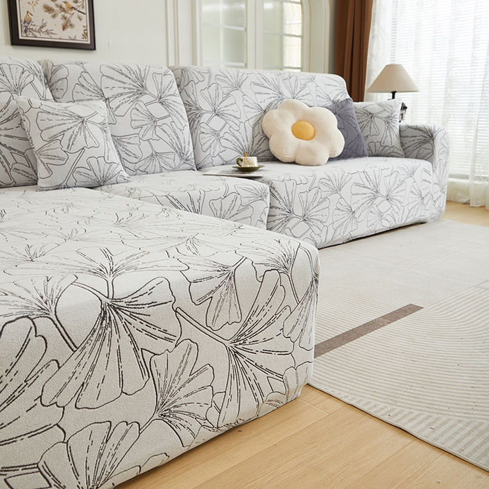 91家纺网 家纺一手货源 找家纺 丝绮鹿 2025新款银杏叶系列-沙发套松紧款（贵妃图） 象牙白