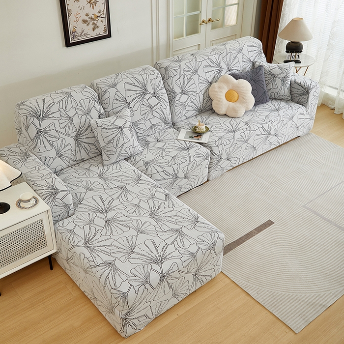 91家纺网 家纺一手货源 找家纺 丝绮鹿 2025新款银杏叶系列-沙发套松紧款（贵妃图） 象牙白