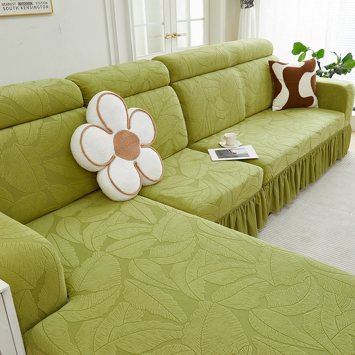 91家纺网 家纺一手货源 找家纺 丝绮鹿 2025新款富贵叶系列-沙发套裙边款（贵妃图） 橄榄绿