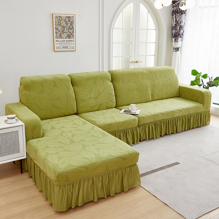 91家纺网 家纺一手货源 找家纺 丝绮鹿 2025新款富贵叶系列-沙发套裙边款（贵妃图） 橄榄绿