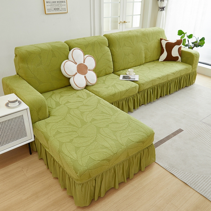 91家纺网 家纺一手货源 找家纺 丝绮鹿 2025新款富贵叶系列-沙发套裙边款（贵妃图） 橄榄绿