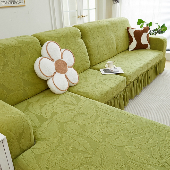 91家纺网 家纺一手货源 找家纺 丝绮鹿 2025新款富贵叶系列-沙发套裙边款（贵妃图） 橄榄绿