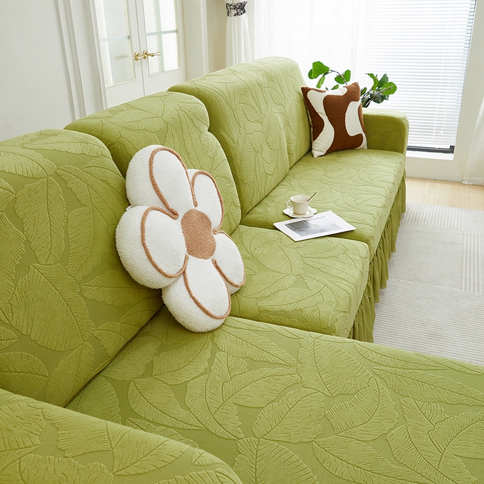 91家纺网 家纺一手货源 找家纺 丝绮鹿 2025新款富贵叶系列-沙发套裙边款（贵妃图） 橄榄绿