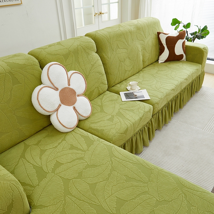 91家纺网 家纺一手货源 找家纺 丝绮鹿 2025新款富贵叶系列-沙发套裙边款（贵妃图） 橄榄绿