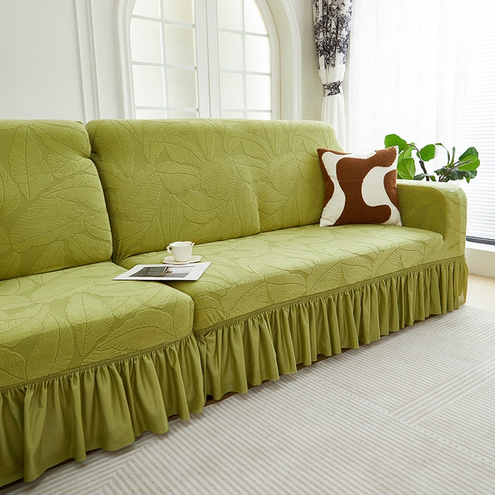 91家纺网 家纺一手货源 找家纺 丝绮鹿 2025新款富贵叶系列-沙发套裙边款（贵妃图） 橄榄绿