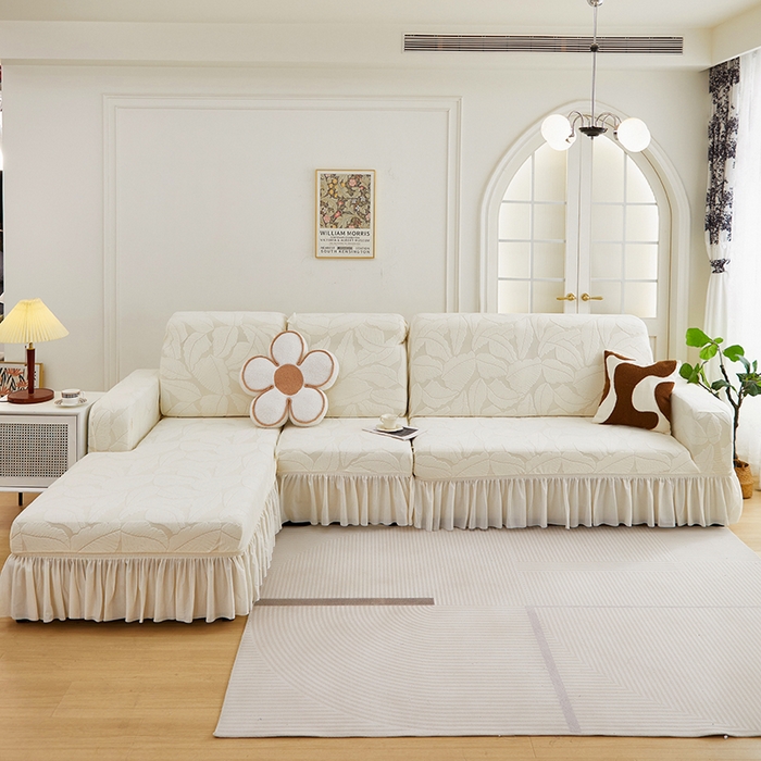 91家纺网 家纺一手货源 找家纺 丝绮鹿 2025新款富贵叶系列-沙发套裙边款（贵妃图） 米白