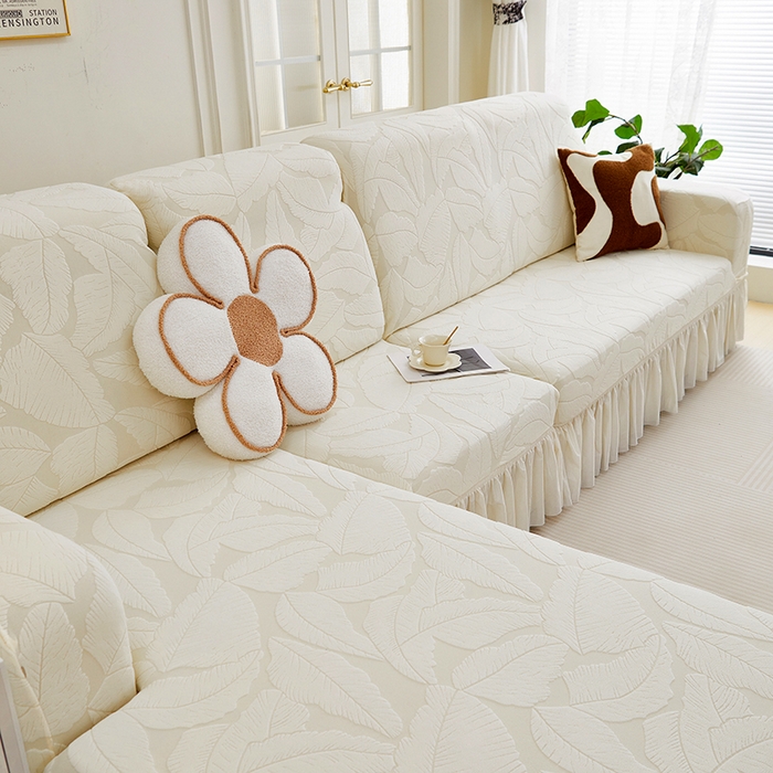 91家纺网 家纺一手货源 找家纺 丝绮鹿 2025新款富贵叶系列-沙发套裙边款（贵妃图） 米白